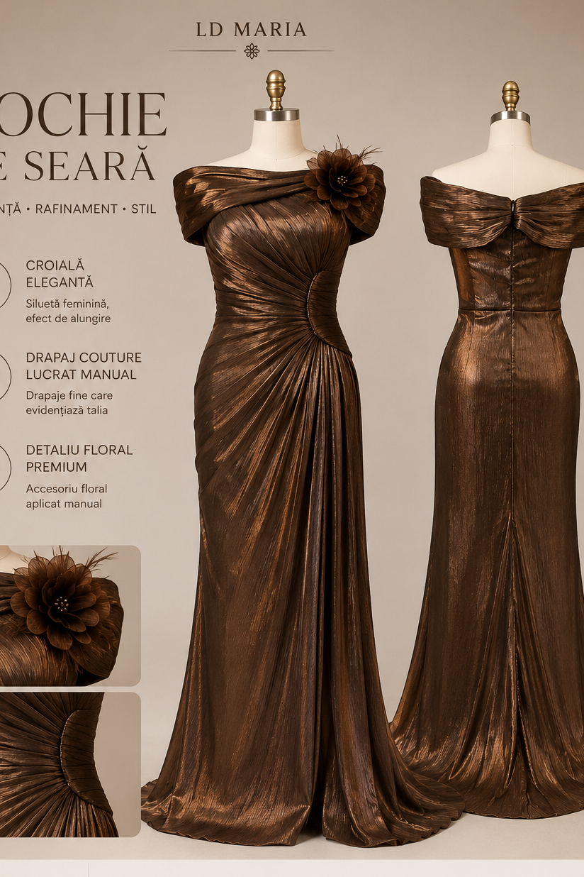 Rochie lungă de seară bronze couture – eleganță sofisticată și design spectaculos