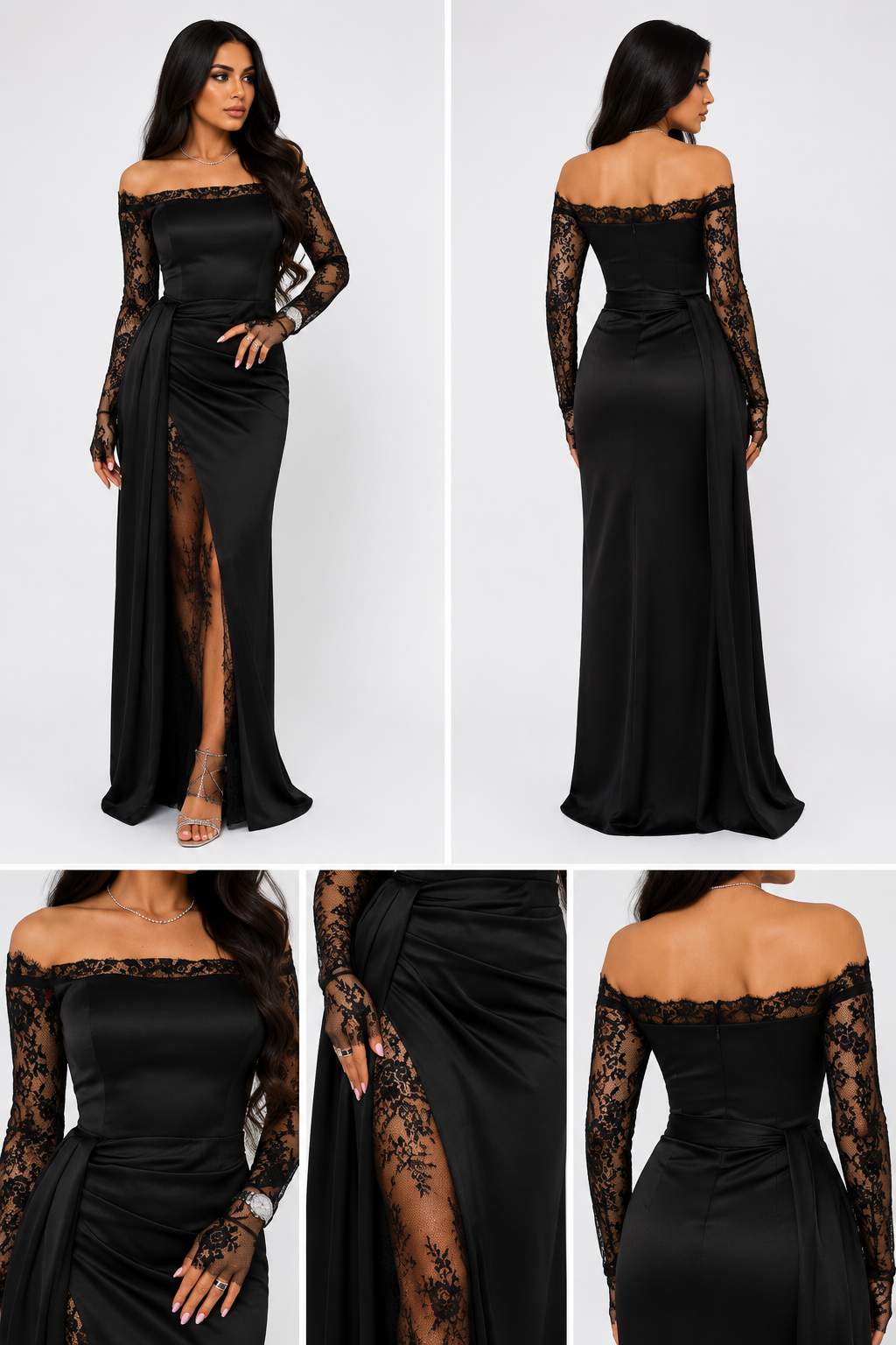 Rochie de seară neagră cu dantelă și slit adânc