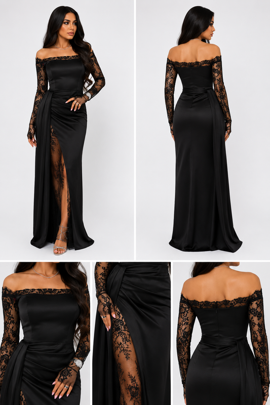 Rochie de seară neagră cu dantelă și slit adânc