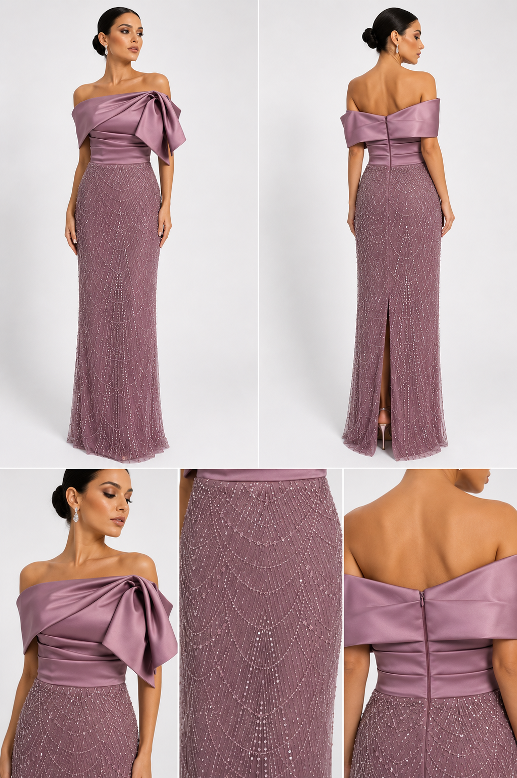 Rochie Elegantă Lungă Rose Mauve cu Paiete și Fundă Satinată – Rochie de Ocazie Premium