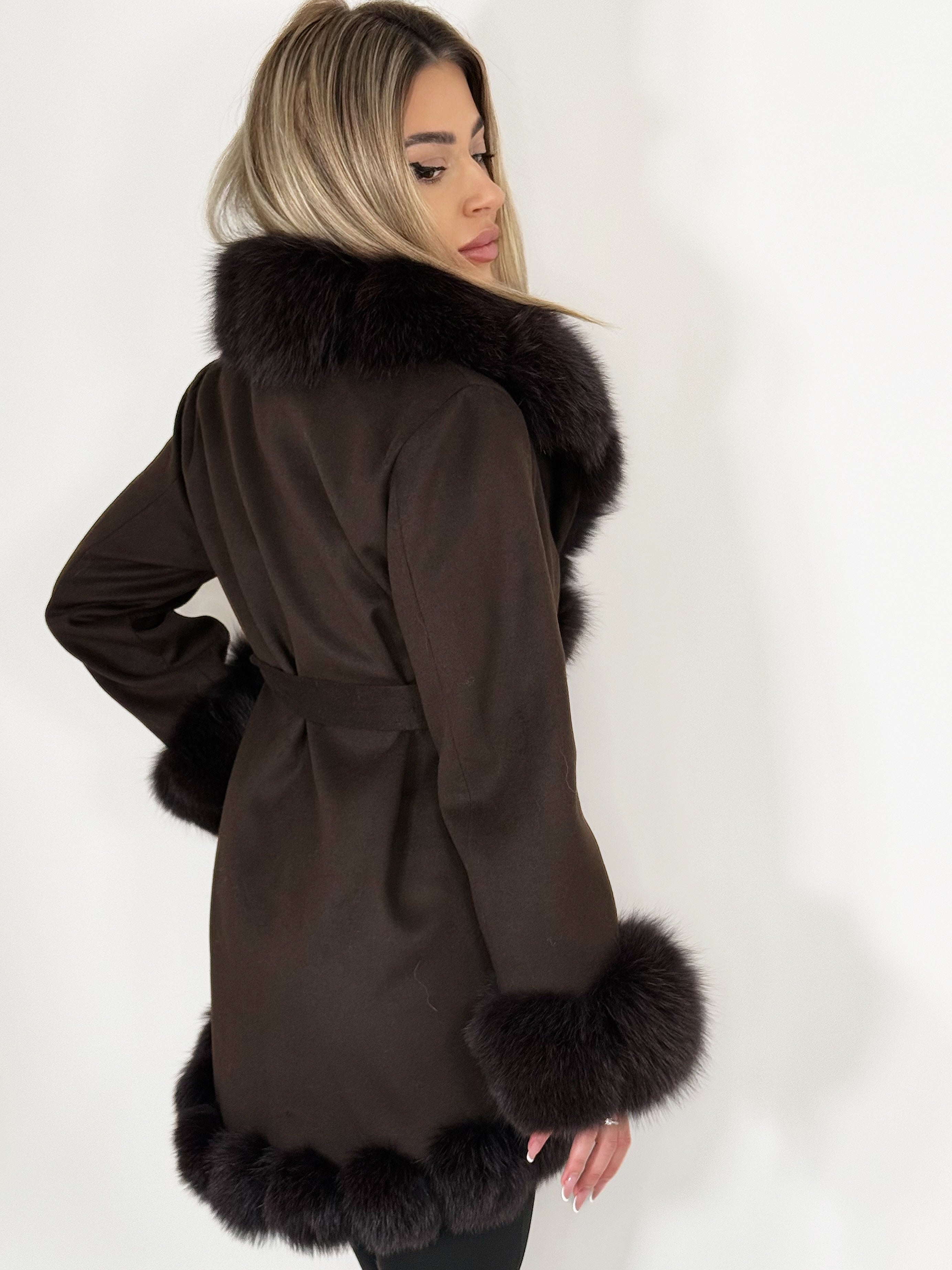 Jachetă elegantă din lână cu blană naturală de vulpe