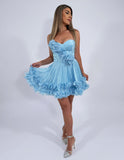 Rochie scurtă baby blue cu volane 3D și corset