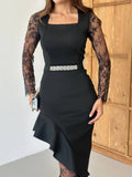 Rochie neagră midi cu dantelă, volane și curea accesorizată