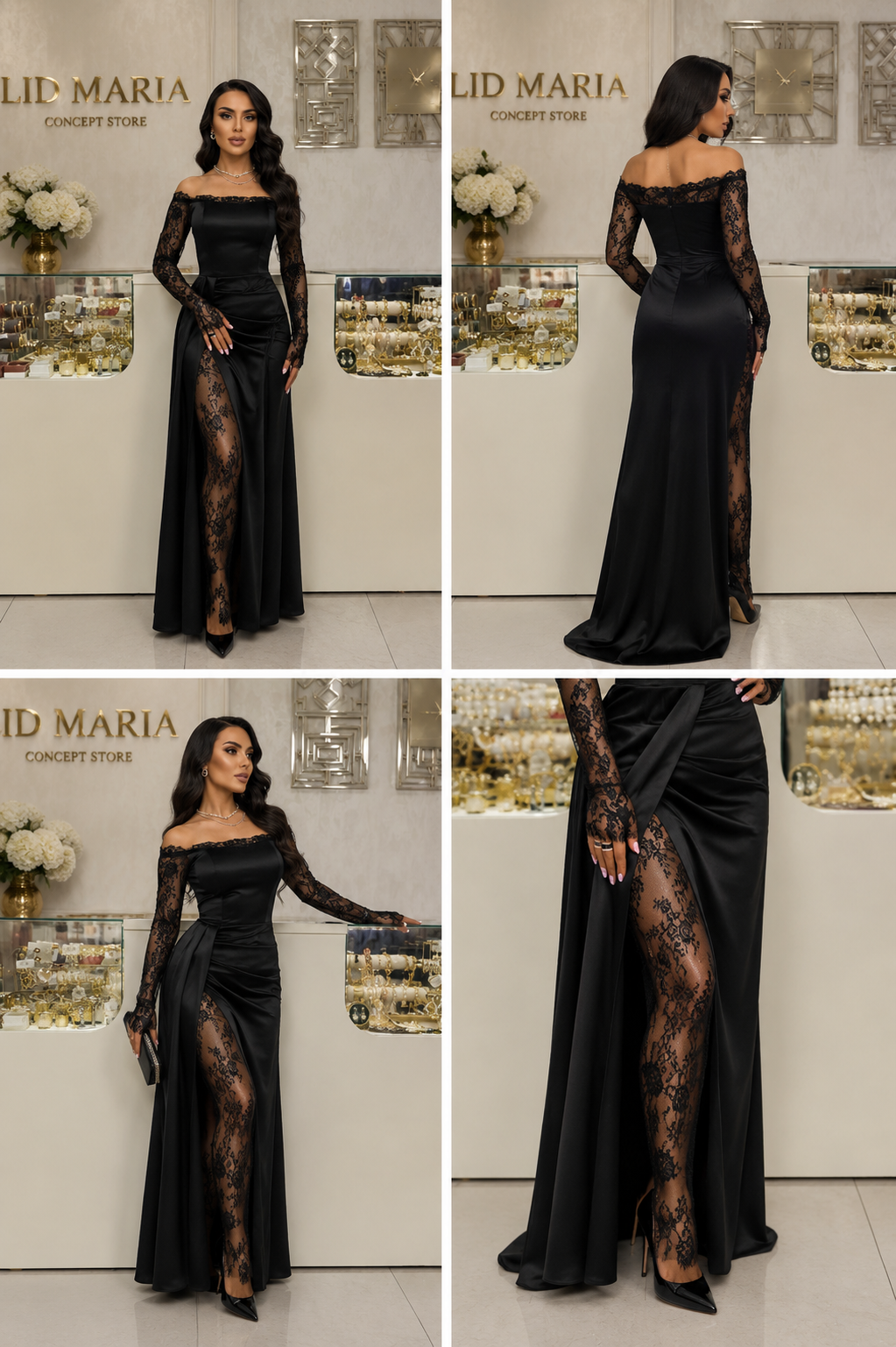 Rochie de seară neagră cu dantelă și slit adânc