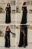 Rochie de seară neagră cu dantelă și slit adânc