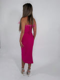 Rochie Fucsia Midi cu Corset și Pene