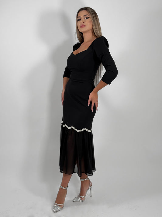 Rochie elegantă midi neagră cu detalii strălucitoare