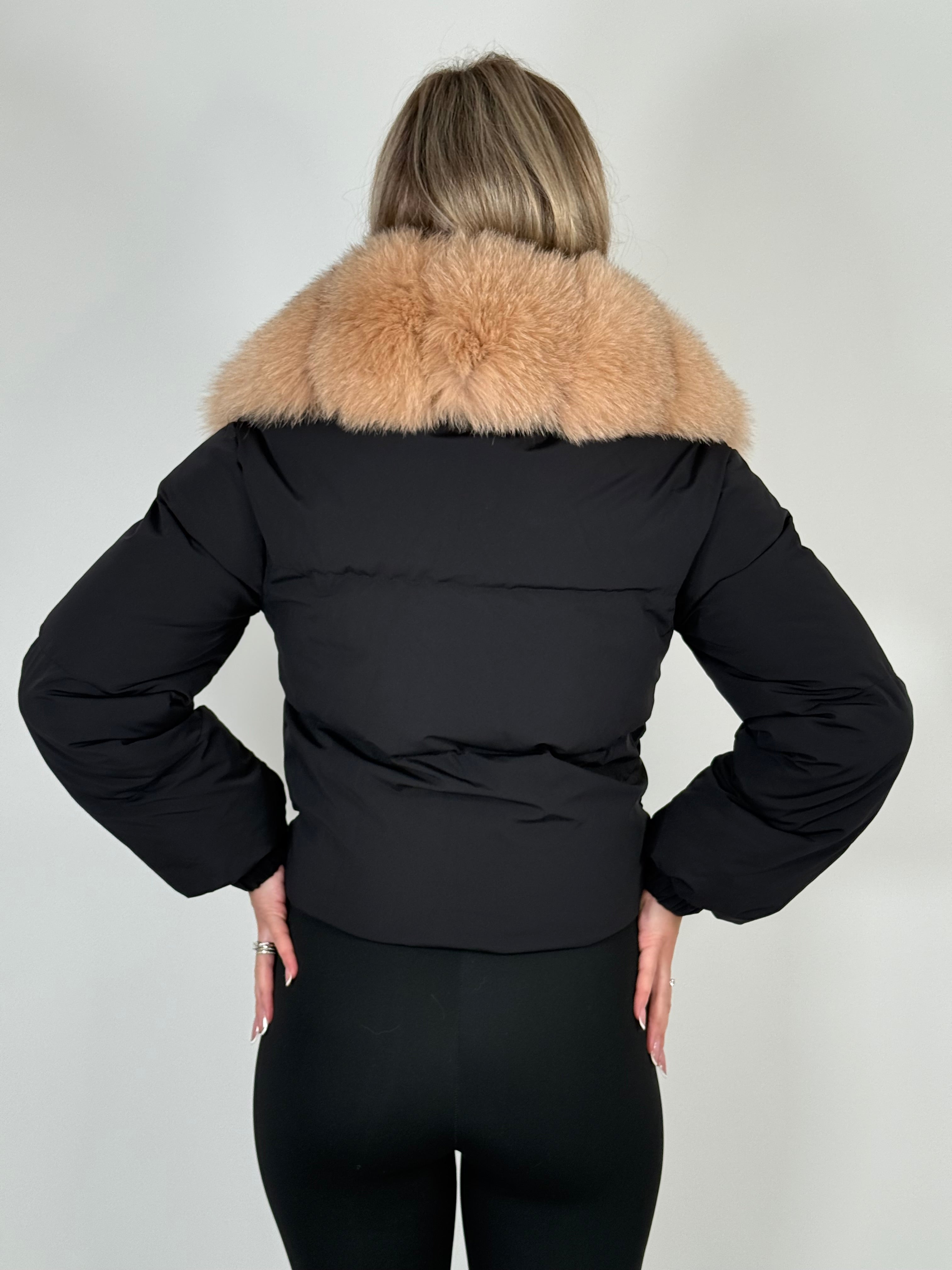 Geacă de fas cu guler din blană naturală de vulpe gold – detașabil