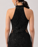 Rochie lungă neagră elegantă cu aplicații strălucitoare