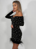 Rochie scurtă neagră cu perle și pene