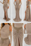 Rochie lungă elegantă bej cappuccino cu drapaje și aplicație din cristale