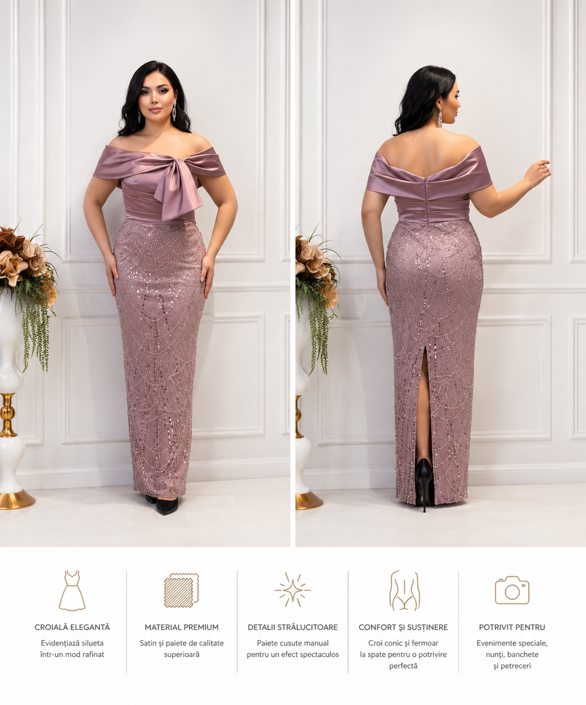 Rochie Elegantă Lungă Rose Mauve cu Paiete și Fundă Satinată – Rochie de Ocazie Premium