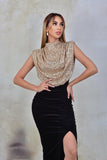 Rochie lungă neagră cu top auriu din paiete