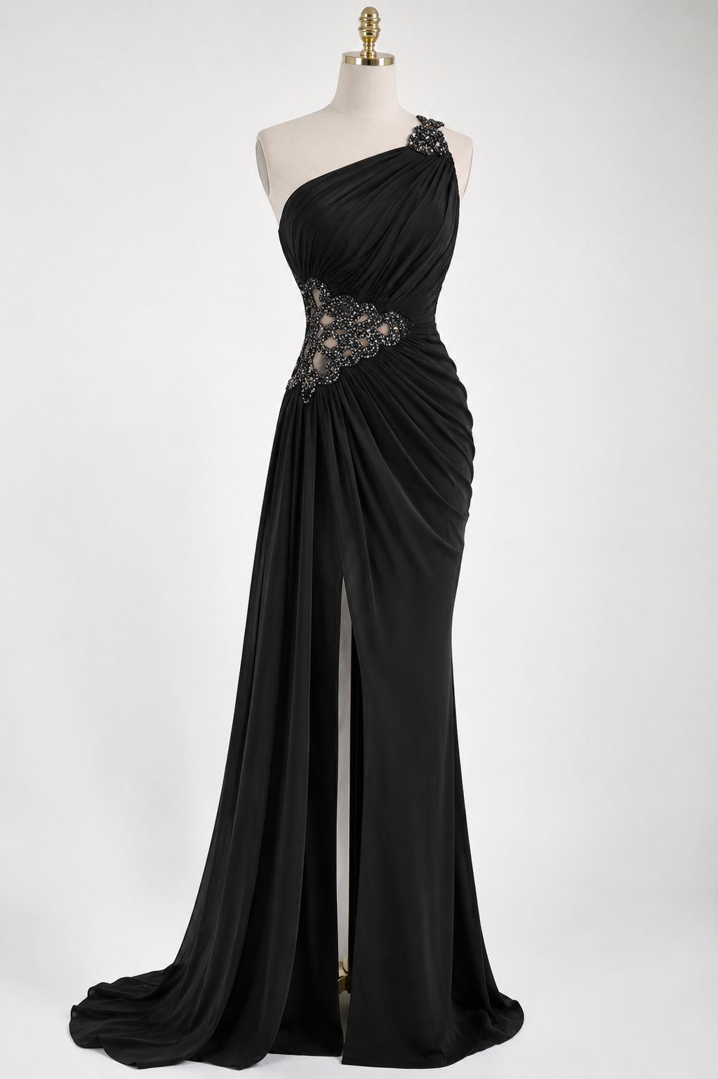 Rochie de seară neagră cu aplicații din cristale și drapaj elegant