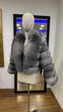 Jachetă din blană naturală de vulpe Silver – model elegant, cu guler amplu