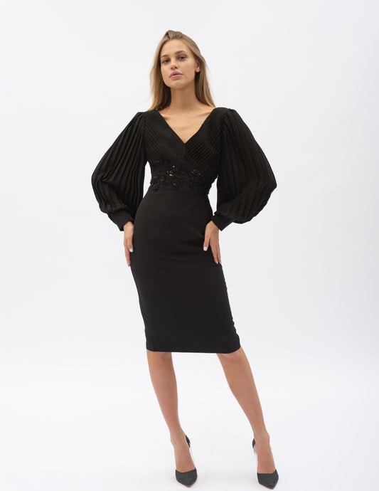 Rochie Midi Neagră Cu Mânecă Lungă