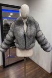 Jachetă din blană naturală de vulpe Silver – model elegant, cu guler amplu