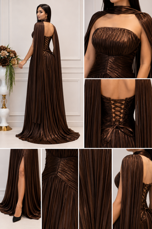 Rochie lungă bronz metalizat cu slit și pelerină fluidă