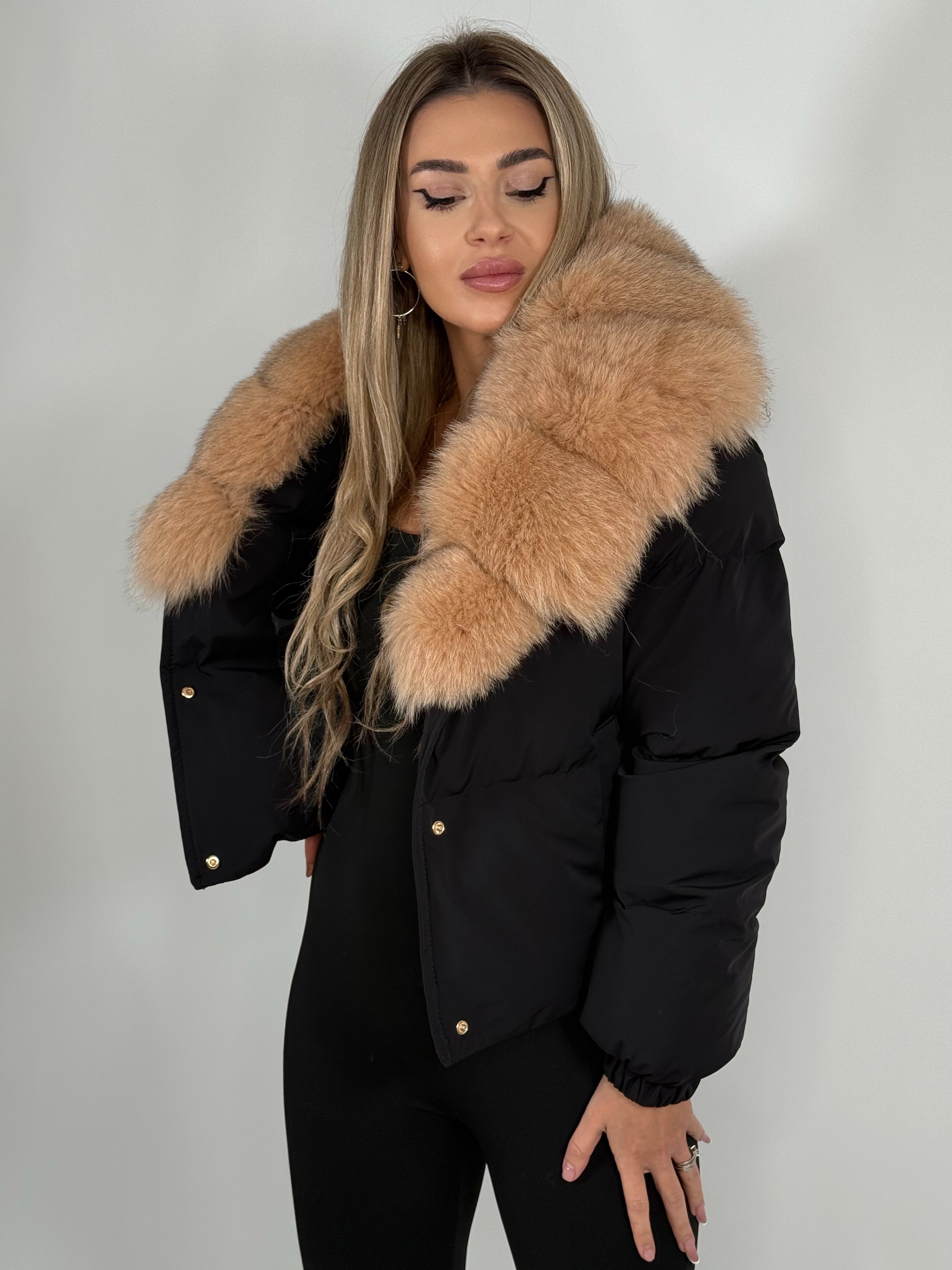 Geacă de fas cu guler din blană naturală de vulpe gold – detașabil