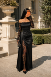 Rochie de seară neagră cu dantelă și slit adânc