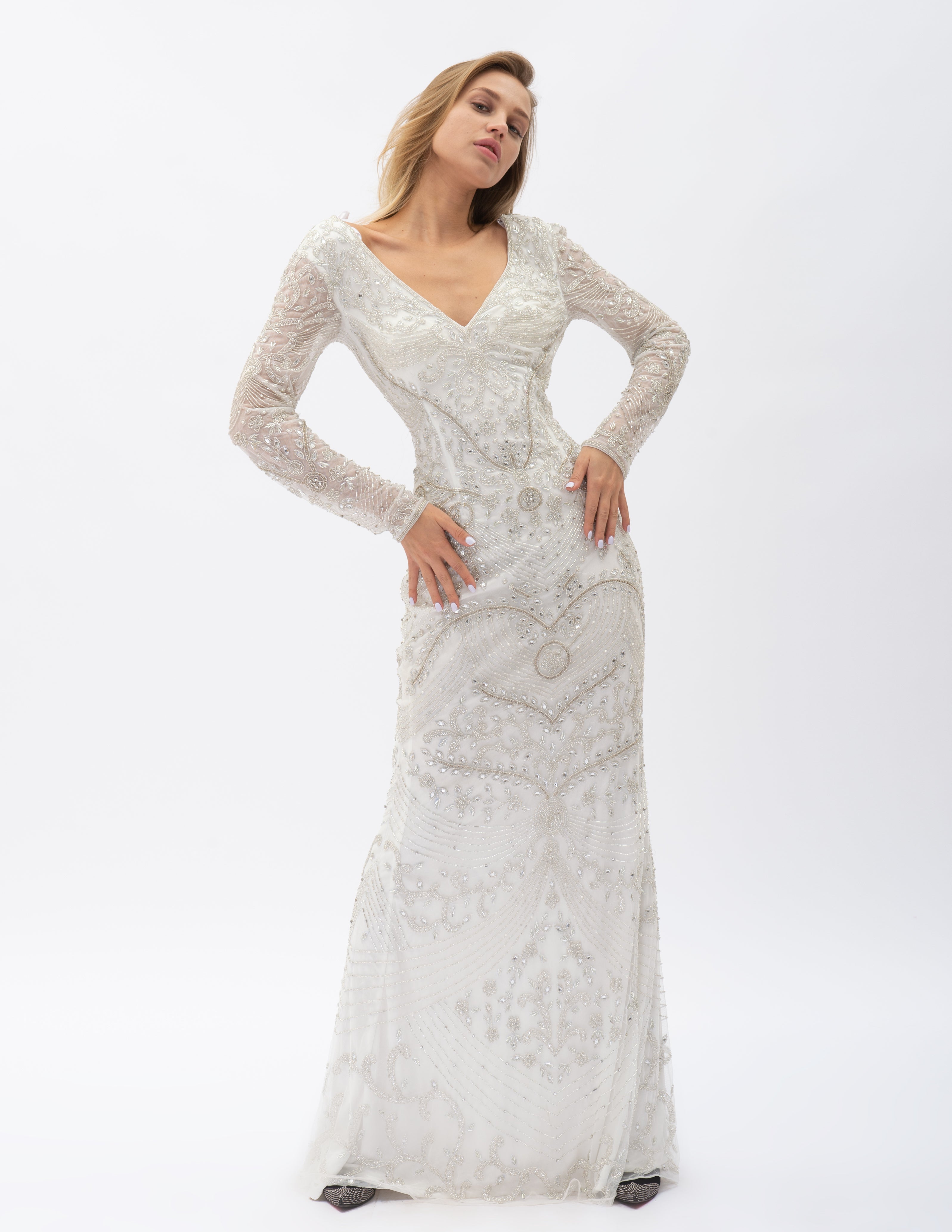 Rochie Maxi Cu Mânecă Lungă, Decolteu În V Și Broderie Decorativă