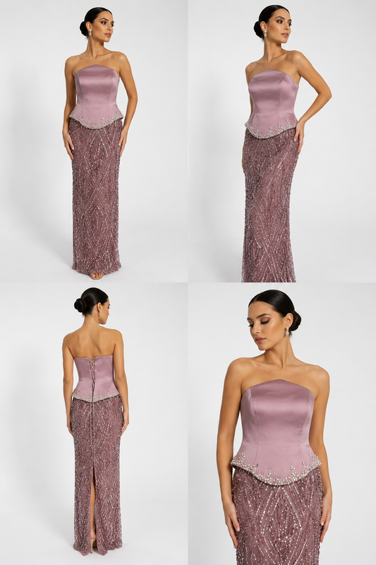 Rochie Elegantă Lungă Roz Pudrat cu Corset Satinat și Aplicații Strălucitoare