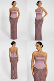 Rochie Elegantă Lungă Roz Pudrat cu Corset Satinat și Aplicații Strălucitoare