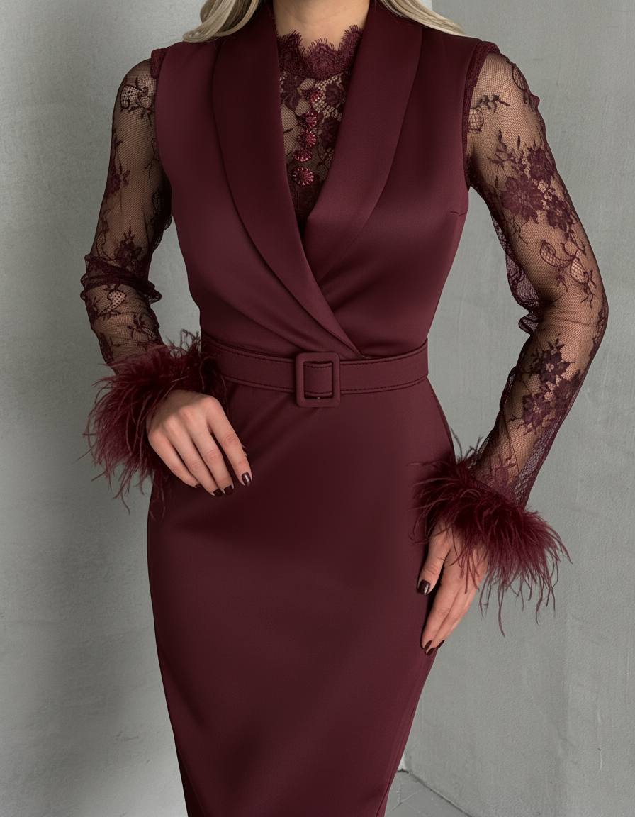 Rochie midi bordo cu dantelă și pene