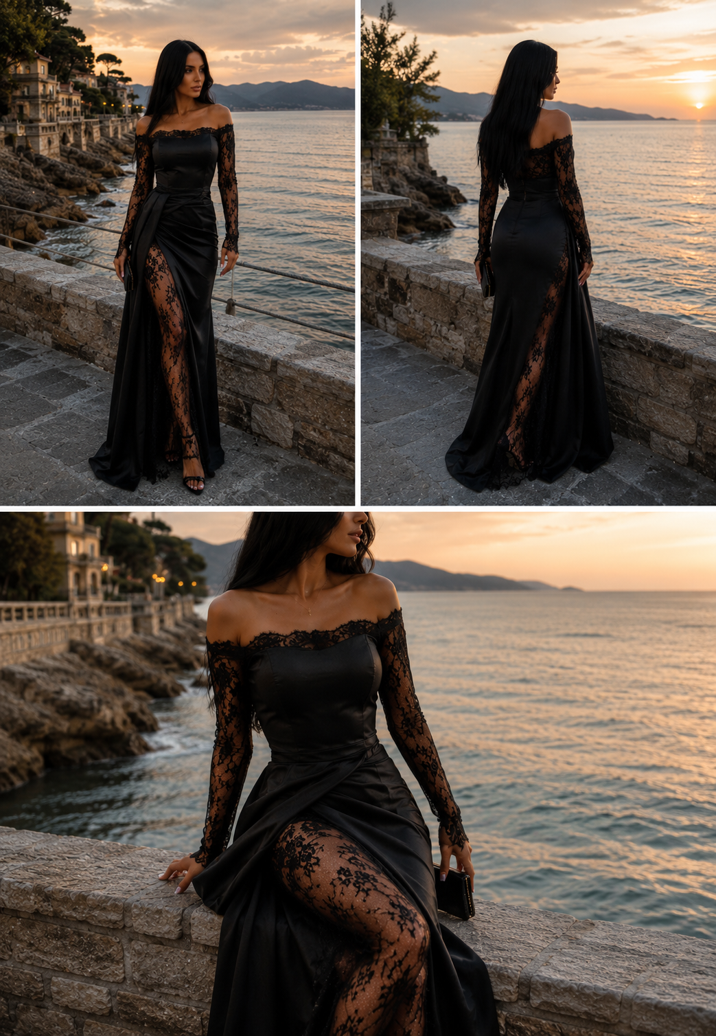 Rochie de seară neagră cu dantelă și slit adânc
