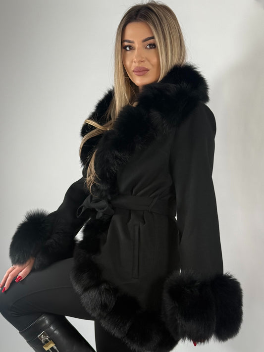 Palton din cashmere cu Blană Naturală de Vulpe