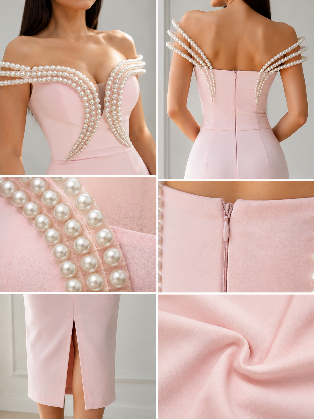 Rochie midi roz pudrat cu aplicații spectaculoase din perle