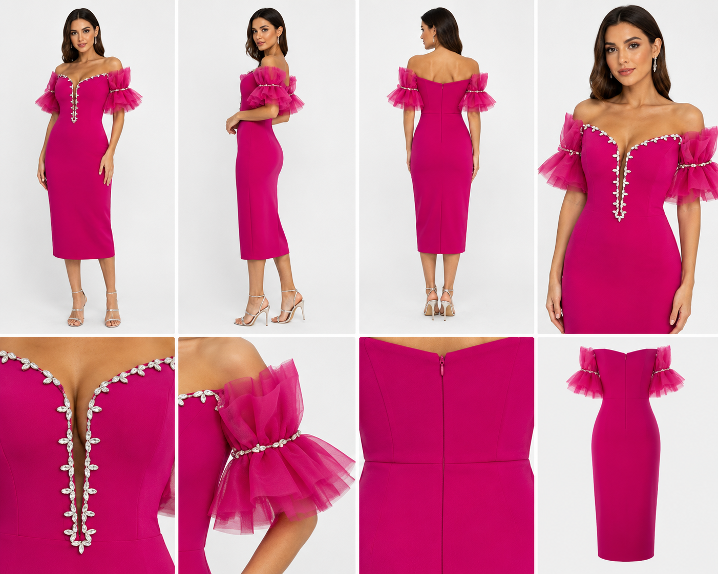 Rochie de Ocazie Midi Fuchsia cu Umerii Goi și Cristale –