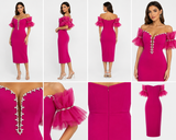 Rochie de Ocazie Midi Fuchsia cu Umerii Goi și Cristale –