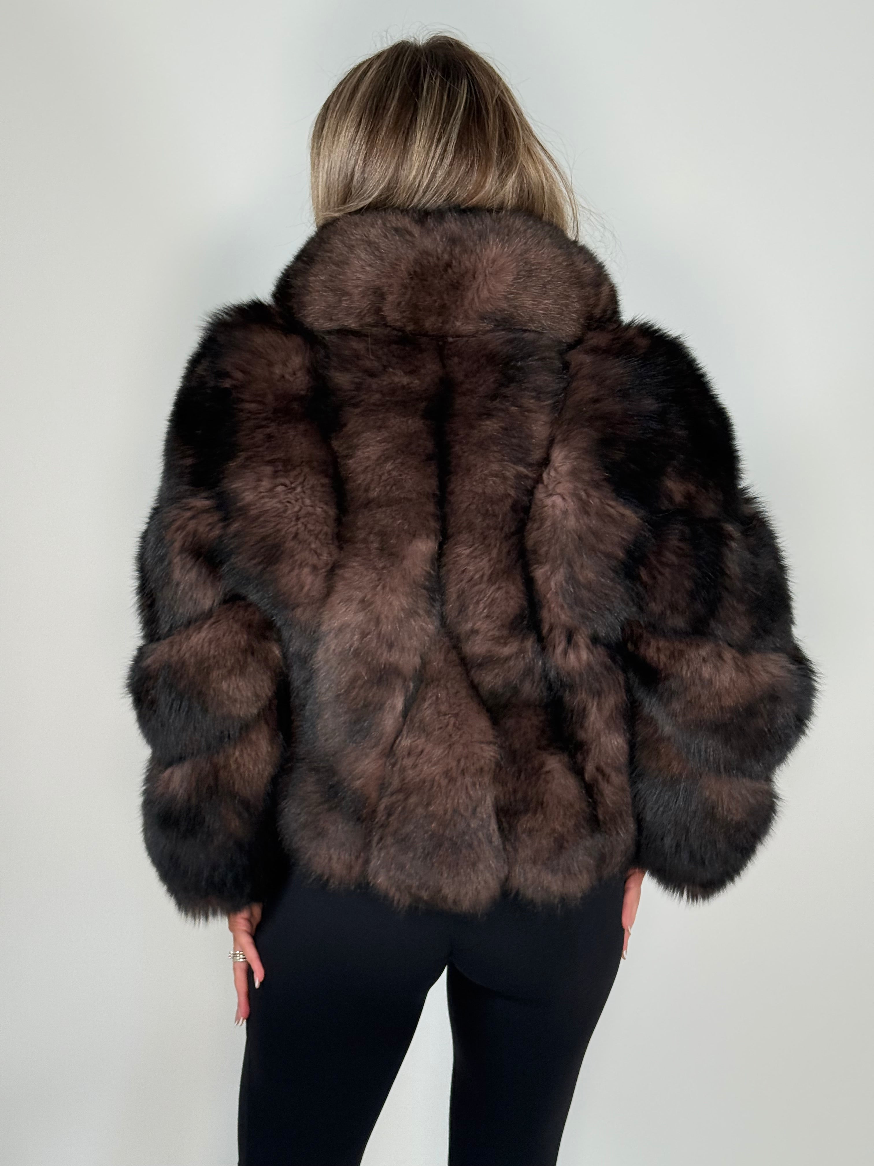 Jachetă din blană naturală de vulpe Dark Brown – model nou cu guler supradimensionat