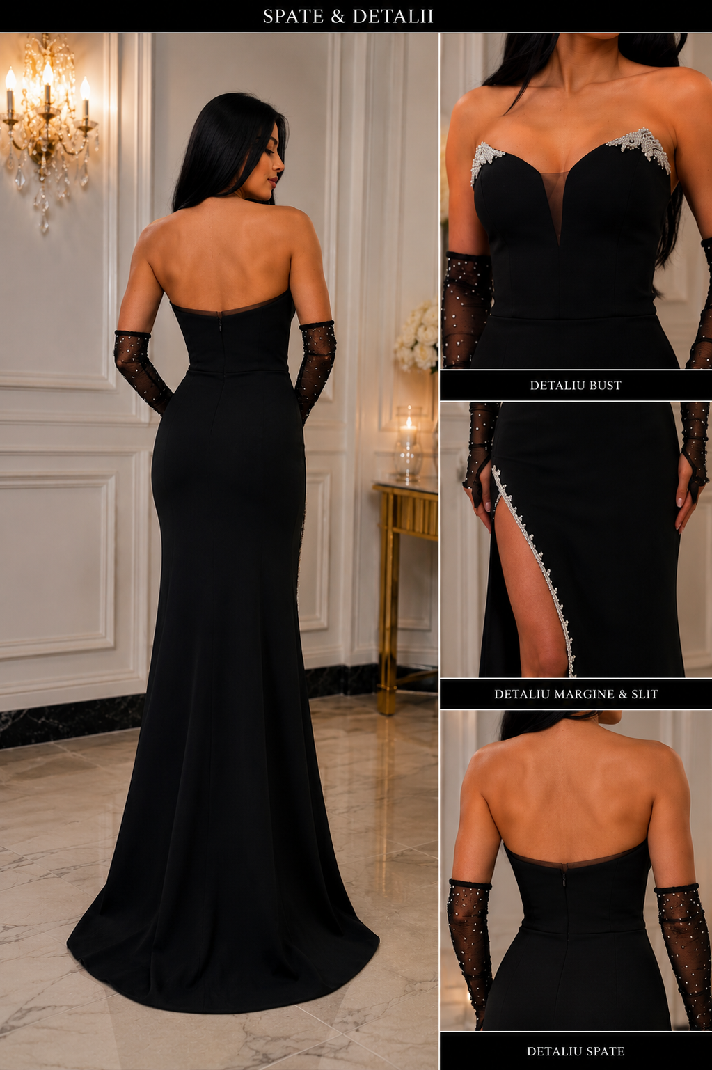 Rochie Elegantă Neagră cu Aplicatii Strălucitoare și Mănuși din Tulle