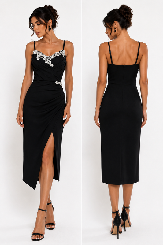 Rochie Midi Elegantă Neagră cu Aplicații Strălucitoare