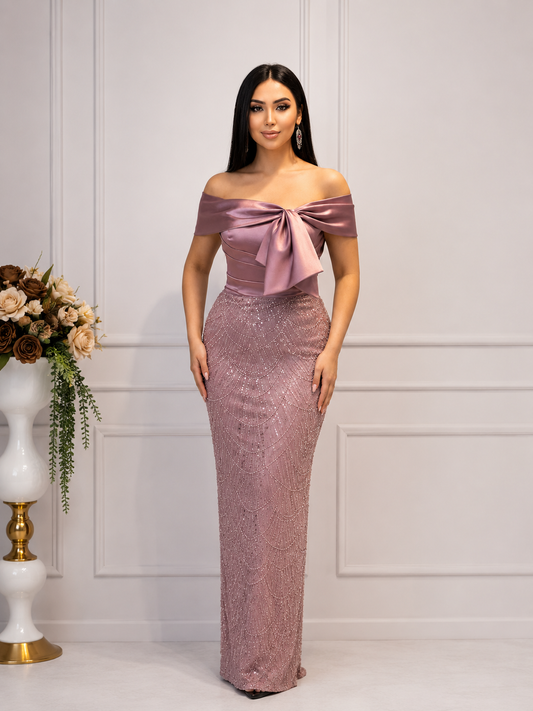 Rochie Elegantă Lungă Rose Mauve cu Paiete și Fundă Satinată – Rochie de Ocazie Premium