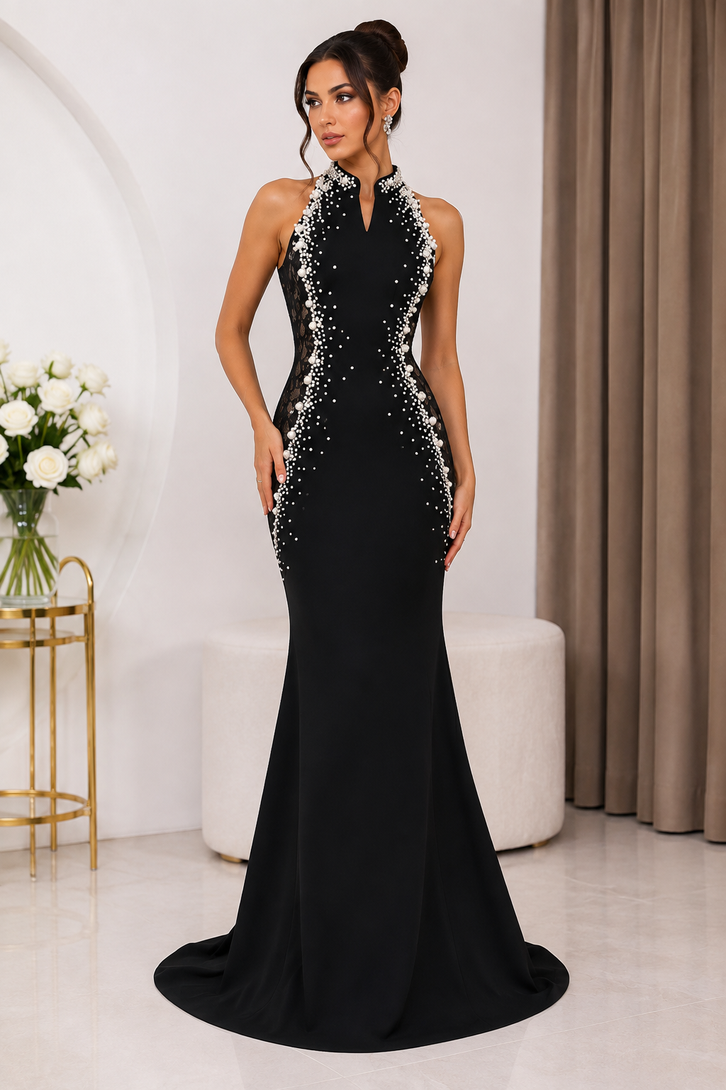 Rochie de seară neagră tip sirenă cu perle și inserții din dantelă