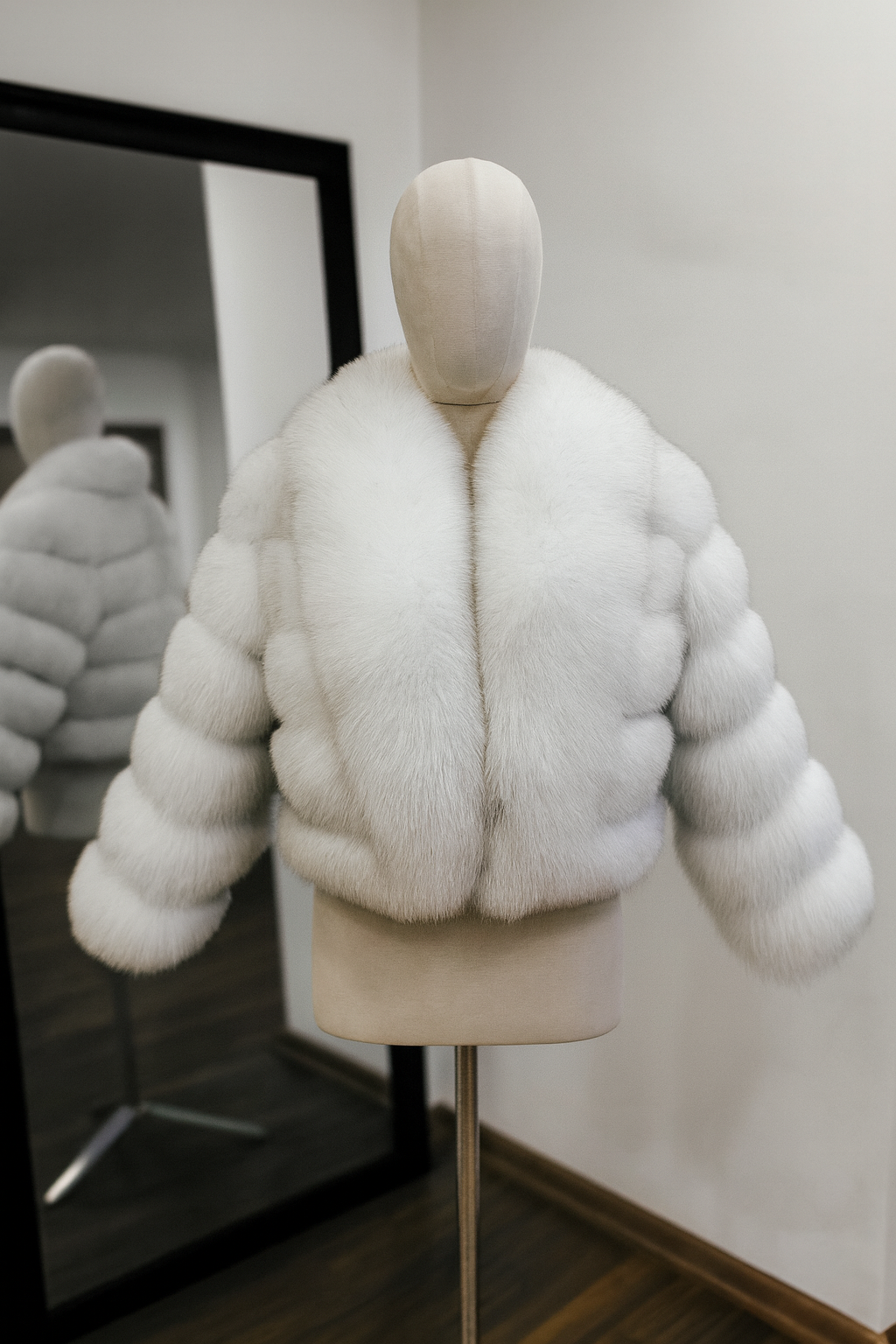 Jachetă din blană naturală de vulpe polară – model nou cu guler supradimensionat