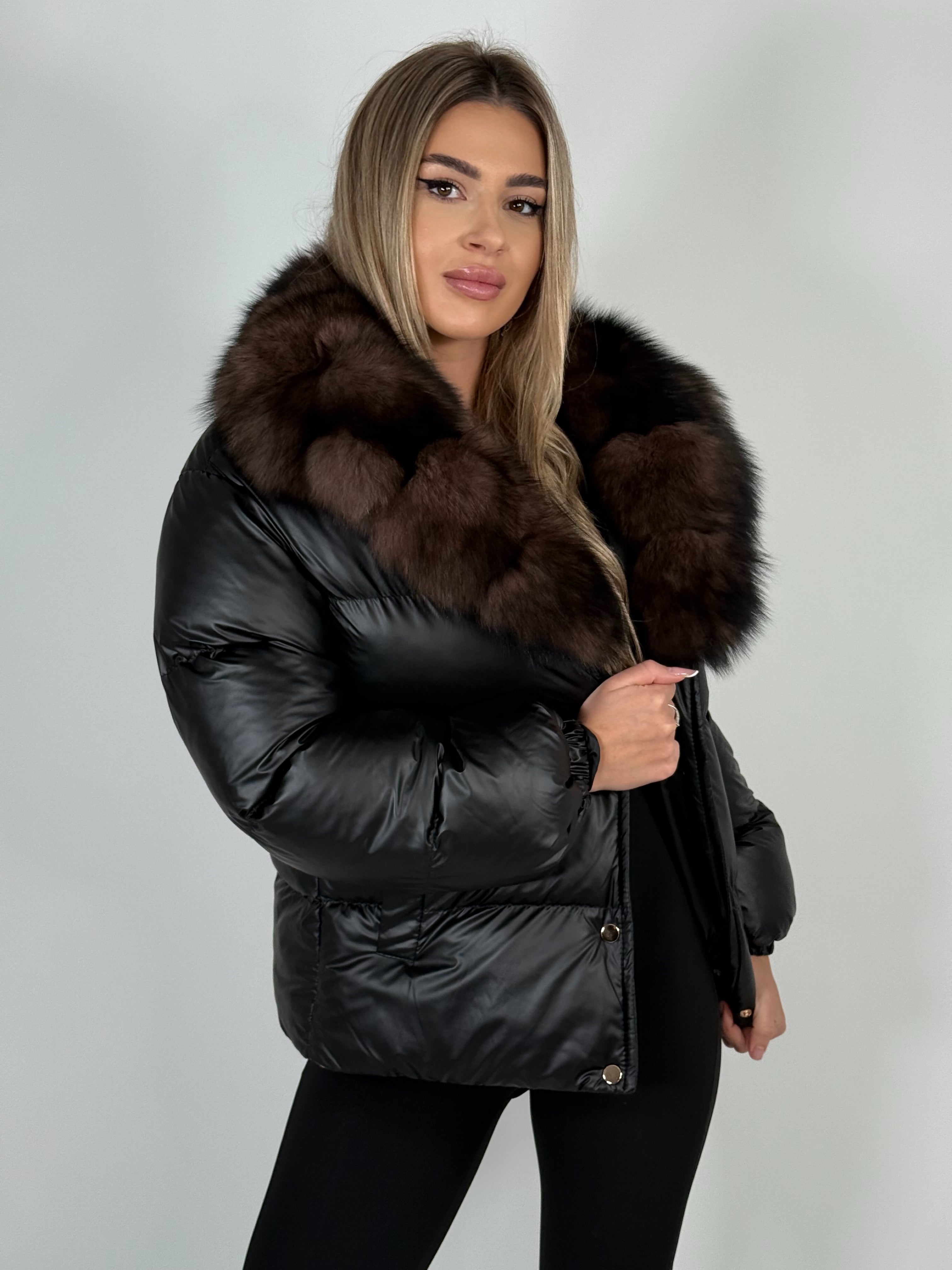 Geacă de fâș cu guler detașabil din blană naturală de vulpe Gold