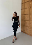 Rochie neagră midi cu dantelă, volane și curea accesorizată