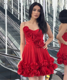 Rochie roșie scurtă de ocazie cu volane florale 3D