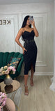 Rochie midi neagră cu perle aplicate și bust petrecut