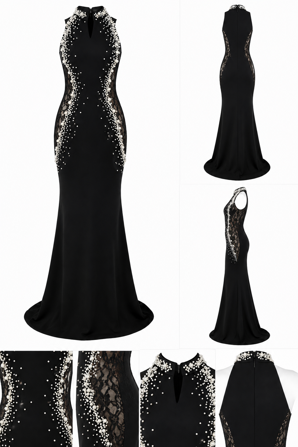 Rochie de seară neagră tip sirenă cu perle și inserții din dantelă