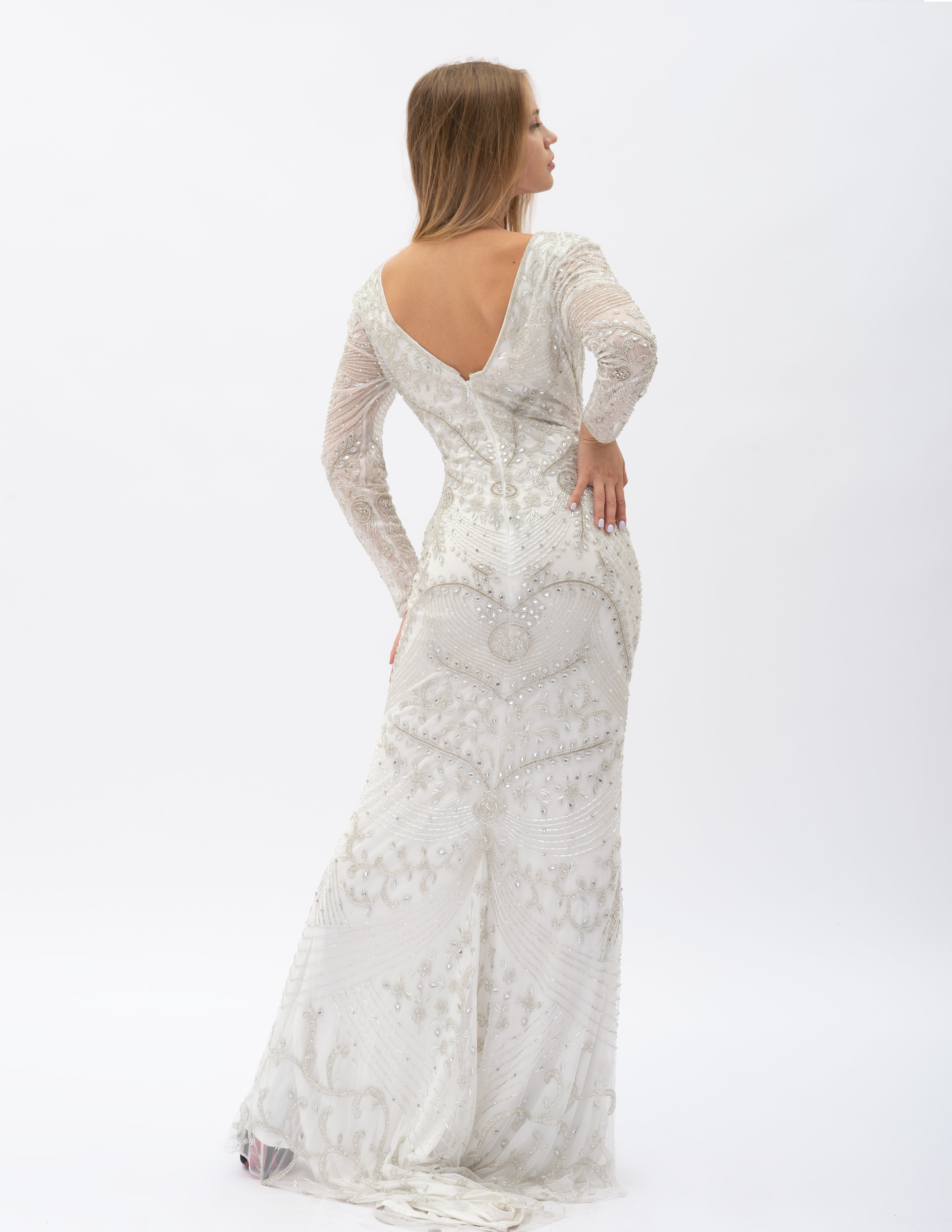 Rochie Maxi Cu Mânecă Lungă, Decolteu În V Și Broderie Decorativă