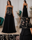 Rochie de seară neagră cu corset brodat floral și aplicații din cristale
