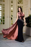 Rochie de seară couture cu detalii arhitecturale și trenă satinată