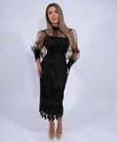 Rochie elegantă neagră cu mâneci din tulle și fustă din dantelă