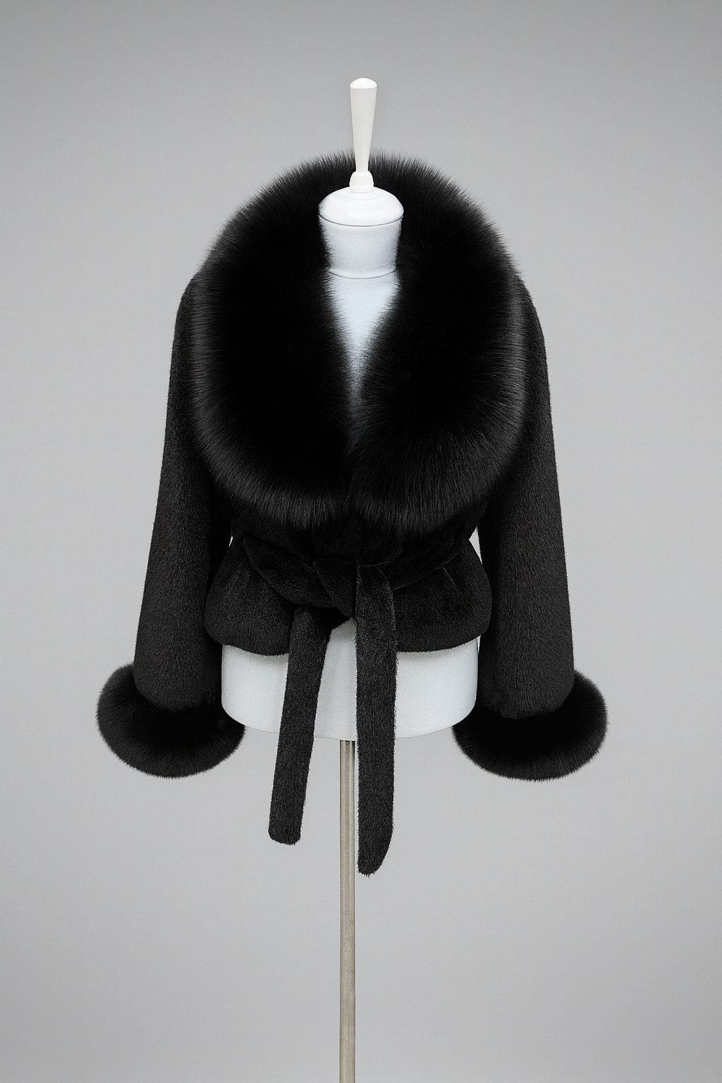 Jachetă scurtă din alcantara premium, accesorizată cu blană naturală de vulpe neagră