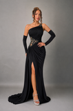 Rochie de seară neagră cu aplicații din cristale și drapaj elegant